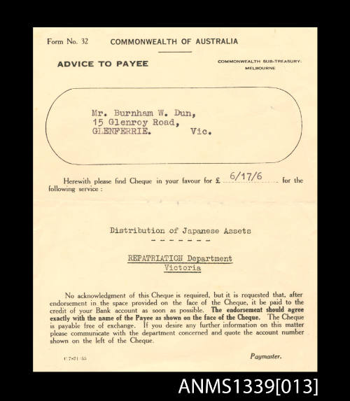 Receipt from the Distribution of Japanese Assests Repatriation Department  Victoria