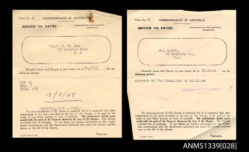 Cheque receipt from Repatriation Victoria and Arrears of War Pensions