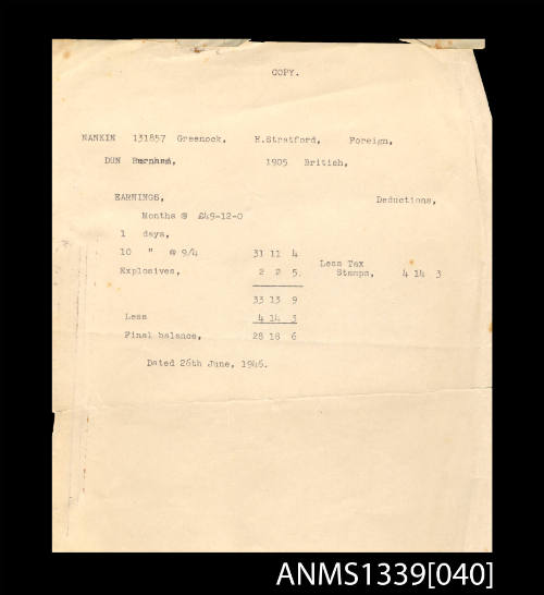 Summary of accounts for wages earnt by Burnham Dun