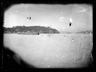 A sunken sailing ship and two two-masted steam ships on Sydney Harbour