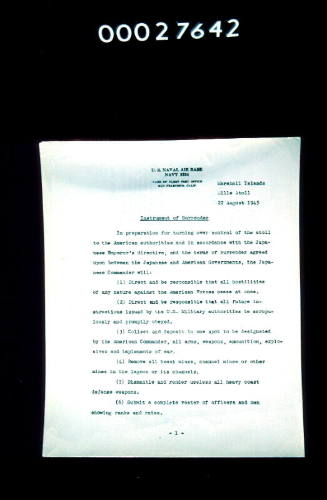 Instrument of Surrender of Japanese forces on Mille Atoll to American authorities on 22 August 1945