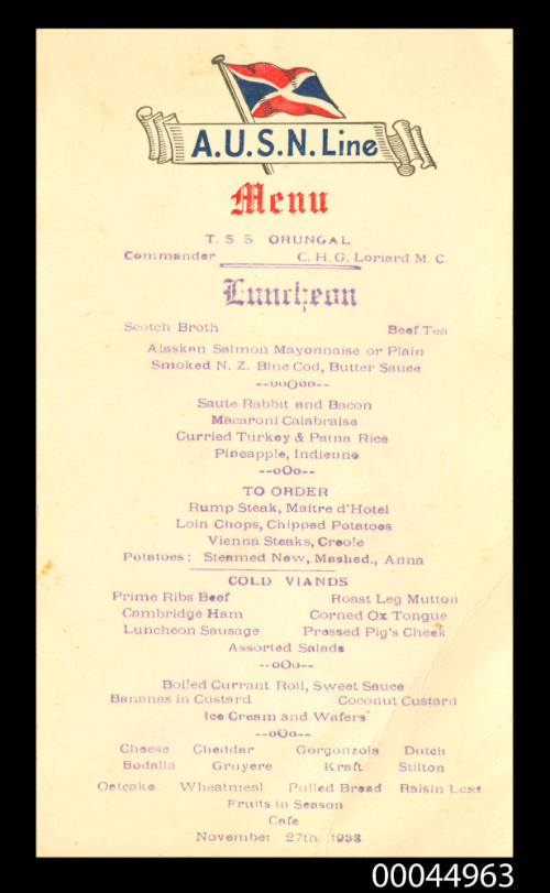 AUSN Line menu, TSS ORUNGAL, luncheon 27 November 1933