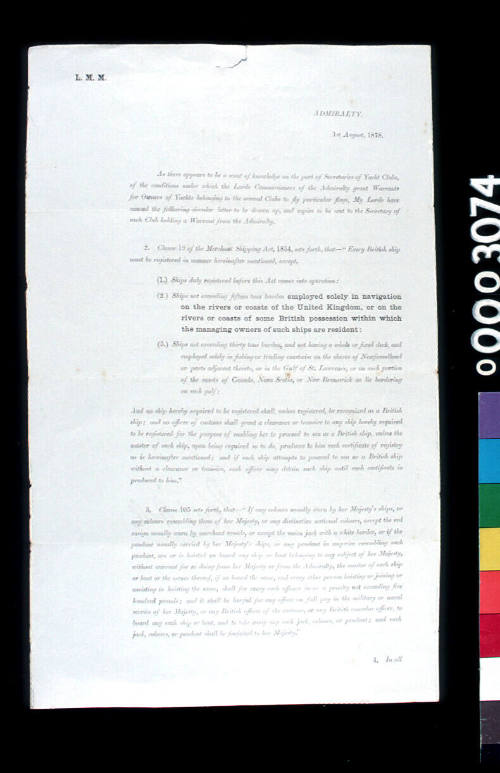 Admiralty Office to the Secretaries of Yacht Clubs concerning warrants to fly flags

