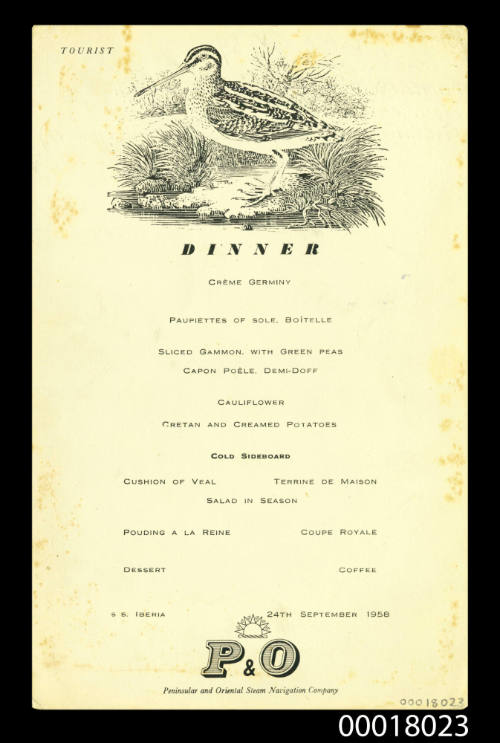 SS IBERIA tourist class dinner menu 24 September 1958