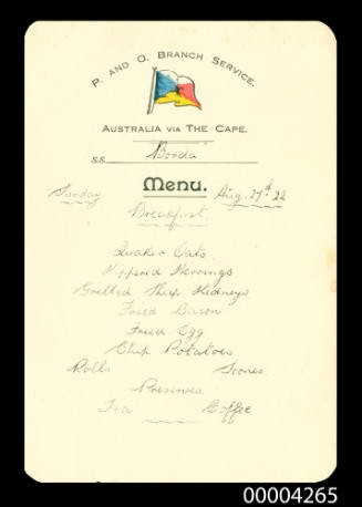 P&O branch service Australia via the Cape SS BORDA menu