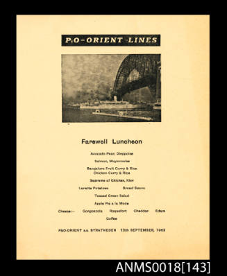 P&O STRATHEDEN farewell luncheon menu