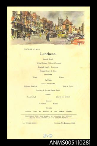 P&O Line SS STRATHEDEN luncheon menu 7 January 1962