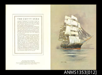 Menu for SS ARAMAC featuring a colour illustration of CUTTY SARK on the front cover.