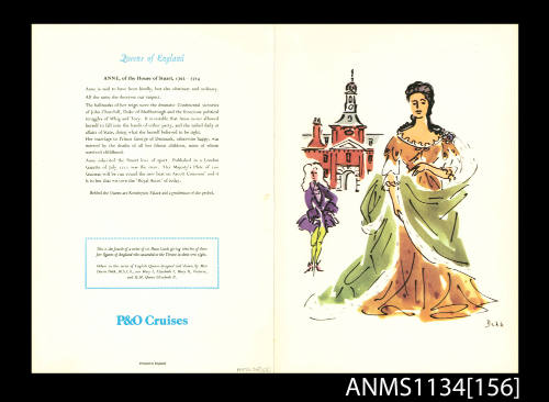 SS ORIANA 10 January 1981 Queens of England menu card series - Queen Anne, House of Stuart