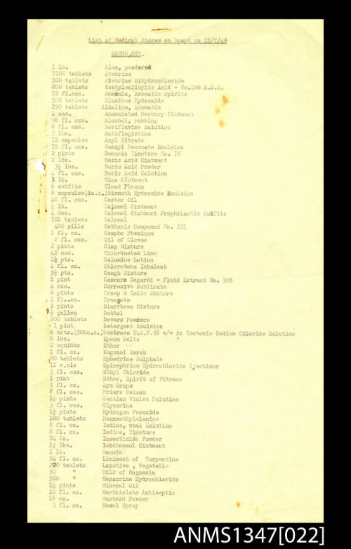 Various lists of medical stores carried on board