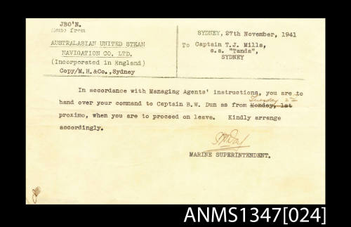 Telegram from Marine Superintendant to Captain T J Mills, SS TANDA