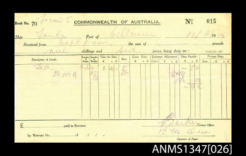Receipt issued to Captain Dun