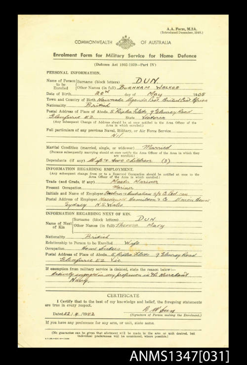 Enrolment form for Military Service for Home Defence for B W Dun