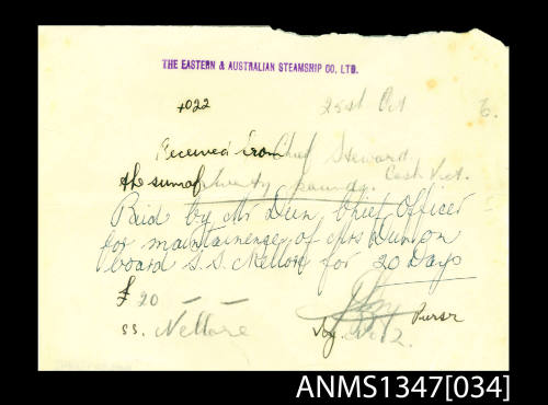 Receipt for 20 pounds for Mrs Dun to live on board SS NELLORE for 20 days