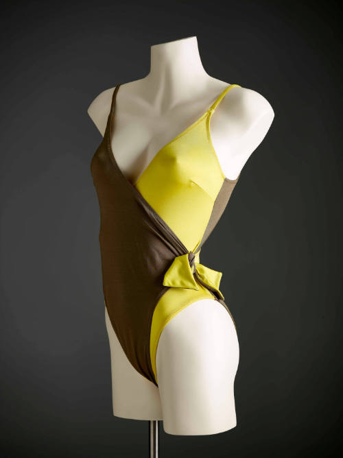 Women's one-piece brown and yellow tie panel swimsuit
