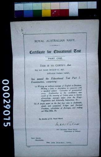 CERTIFICATE FOR EDUCATIONAL TEST, AWARDED TO PHILLIP S JAY