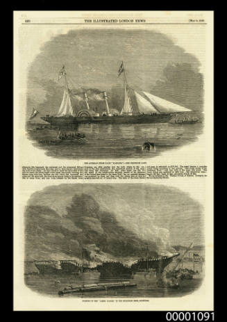 Burning of the JAMES BAINES in the Huskisson Dock, Liverpool