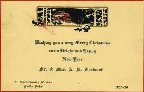 Chriostmas greeting card from Mr & Mrs A R Harwood: Sydney 1929