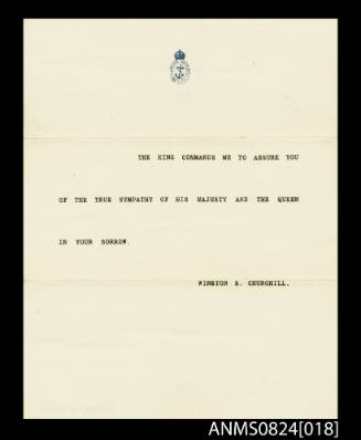 Condolence letter from Winston Churchill, on behalf of the King and Queen, to Mrs Woodland on the loss of her husband