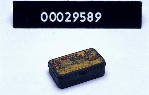 Log cabin brand tobacco tin containing hooks and sinkers used by Harold Grainger Rabone prior to 1945