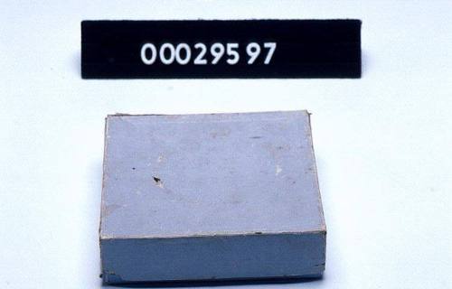 Blue-grey square cardboard box containing size 3 gut lines used by Harold Grainger Rabone prior to 1945