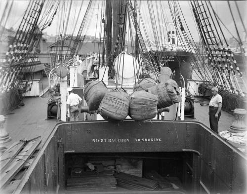 Bales of wool being loaded into the hold of MAGDALENE VINNEN