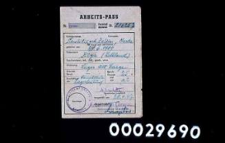Arbeits-pass issued to Marta Saulitis (nee Zeltins), 28 April 1947