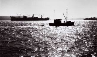 Fishing trawler and freighter in morning light