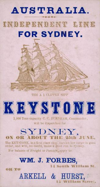 Australia Independent Line for Sydney.  The A1 clipper ship KEYSTONE
