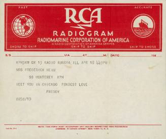 Radiogram from Frederick Heim to his wife Joan reading onboard SS MONTEREY