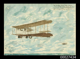The Vickers-Vimy is just leaving the coast of England