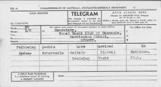 Telegram from Cruising Yacht Club to Secretary, Royal Yacht Club of Tasmania