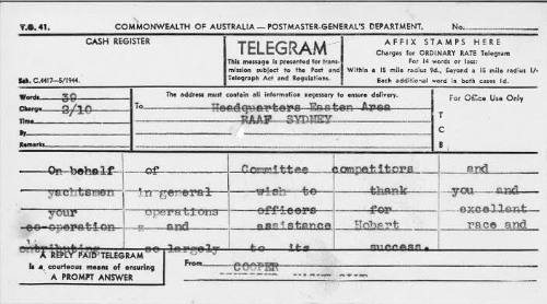 Telegram from Cruising Yacht Club to RAAF Sydney