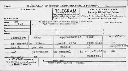 Telegram from Cruising Yacht Club to Airforce Melbourne