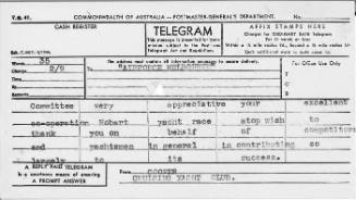 Telegram from Cruising Yacht Club to Airforce Melbourne