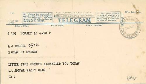 Telegram from Royal Yacht Club of Tasmania to the Cruising Yacht Club