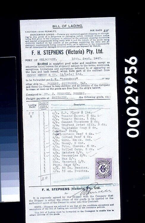 Bill of lading relating to F H Stephens (Victoria) Proprietary Limited with goods being forwarded via the AK LEEDERRY