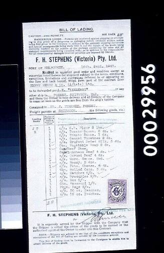 Bill of lading relating to F H Stephens (Victoria) Proprietary Limited with goods being forwarded via the AK LEEDERRY