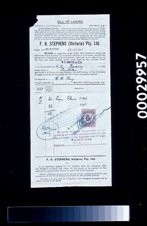 Bill of lading relating to F H Stephens (Victoria) Proprietary Limited with goods being forwarded via the AK LEEDERRY