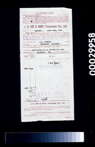 Bill of lading relating to J S Lee and sons (Tasmania) Proprietary Limited with goods being forwarded via the SS WOMBAT