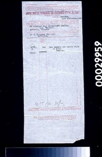 Bill of lading relating to William Holyman and Sons Proprietary Limited with goods being forwarded via the SS WOMBAT