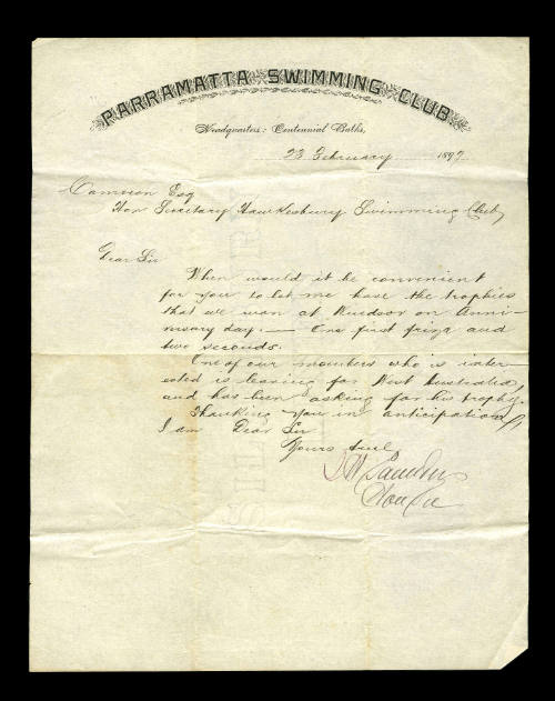 Parramatta Swimming Club to the Hon Secretary Hawkesbury Swimming Club enquiring about the delivering of trophies won on Anniversary Day