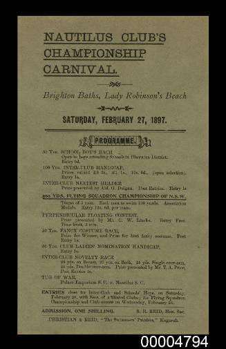 Program for Nautilus Club's Championship Carnival at Brighton Baths