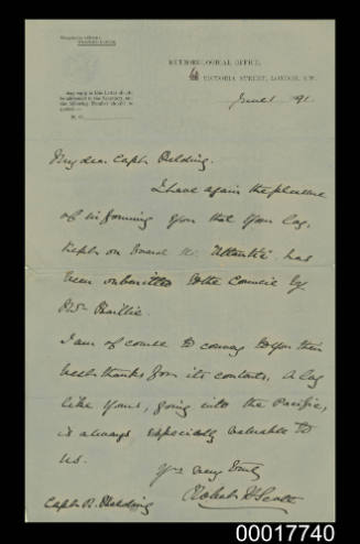 Letter from the Meteorological Office to Captain Belding