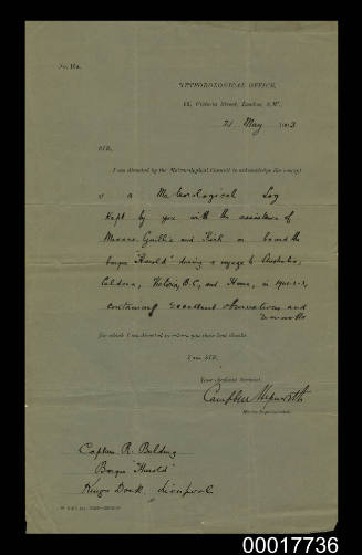 Receipt from the Meteorological Office to Captain Belding acknowledging receipt of a meteorological log from the barque HAROLD