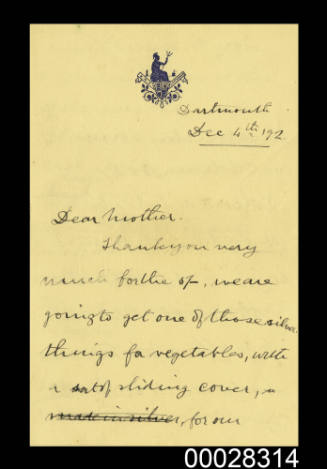 Letter from Arthur Pringle on HMS BRITANNIA  to his mother