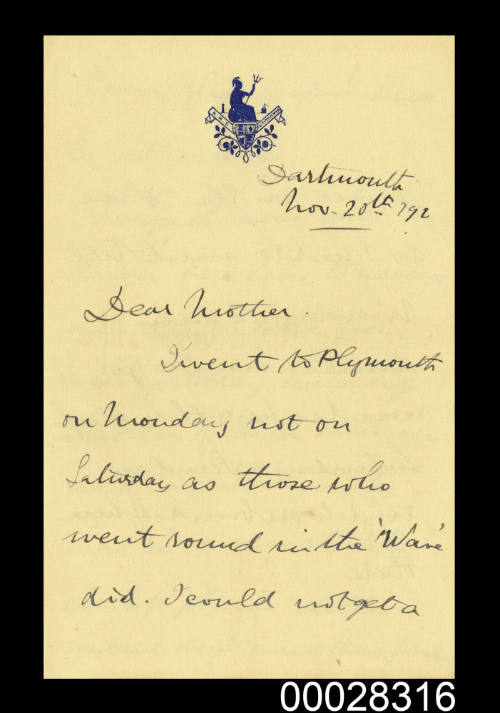 Letter from Arthur Pringle on HMS BRITANNIA  to his mother