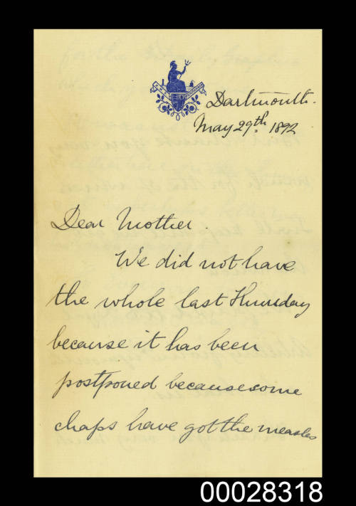 Letter from Arthur Pringle to his mother from HMS BRITANNIA