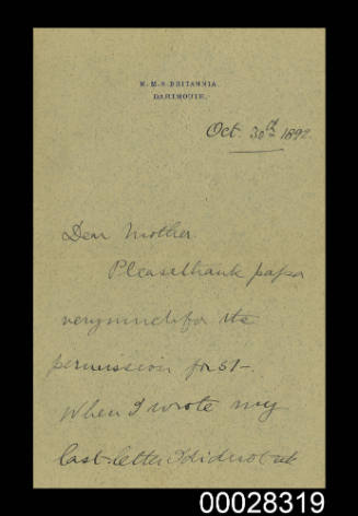 Letter from Arthur Pringle to his mother from HMS BRITANNIA