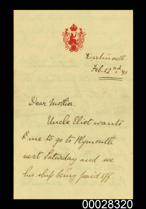 Letter from Arthur Pringle to his mother from HMS BRITANNIA